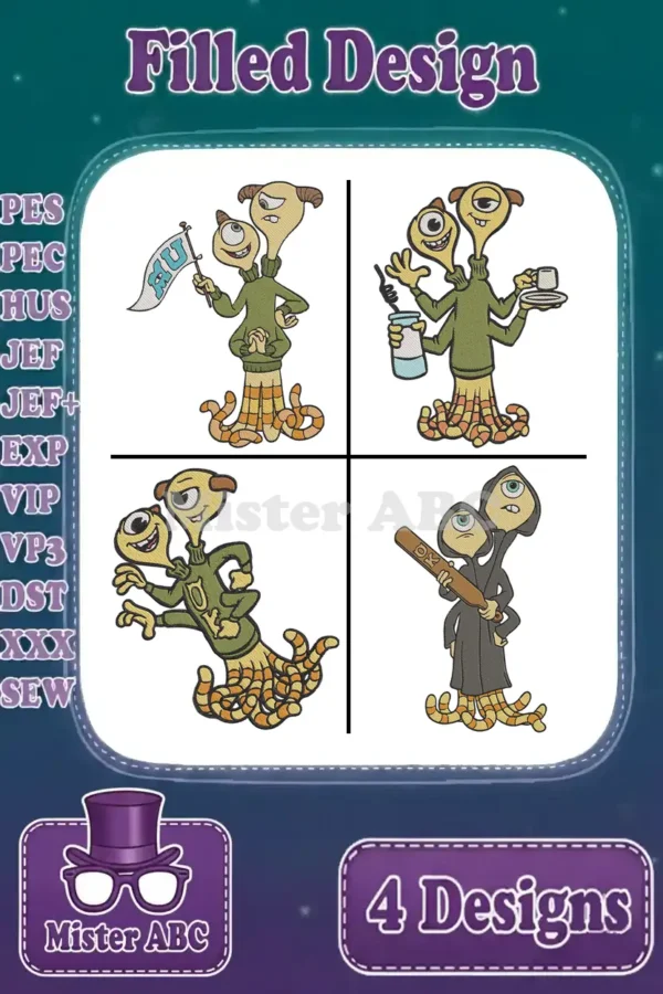Four vibrant filled embroidery designs of Terry and Terri Perry from Monsters University in various poses.