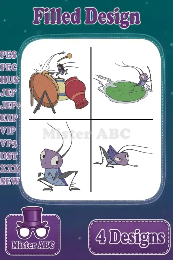 Four vibrant Jiminy Cricket filled embroidery designs, showcasing unique poses and rich detail, ready for your projects.