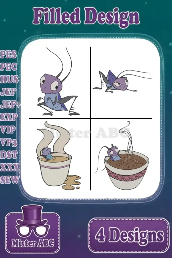 A vibrant main product image displaying four distinct Jiminy Cricket filled embroidery designs and supported file formats.