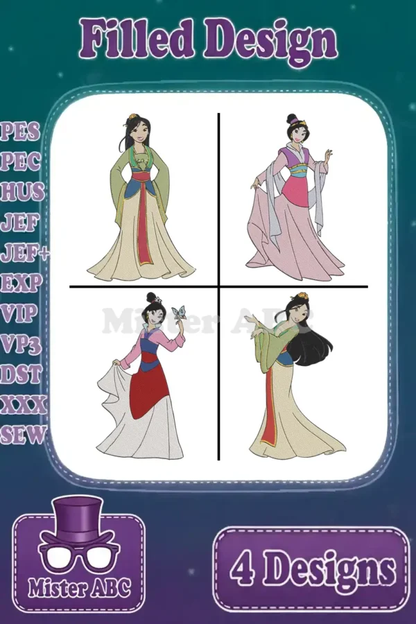 A vibrant display of four Mulan filled embroidery designs, showcasing different poses and outfits, available in multiple formats.