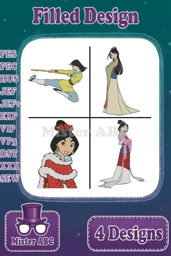 A vibrant collage of four Mulan embroidery designs, featuring various poses and outfits, ideal for diverse projects.