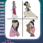 Disney Mulan Fa Mulan Pink Dress Warrior Attire With Little Brother Dog Bundle - Filled Embroidery Design - Instant Download