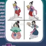Disney Mulan Fa Mulan Traditional Chinese Dresses With Fan Elegant Poses - Filled Embroidery Design - Instant Download