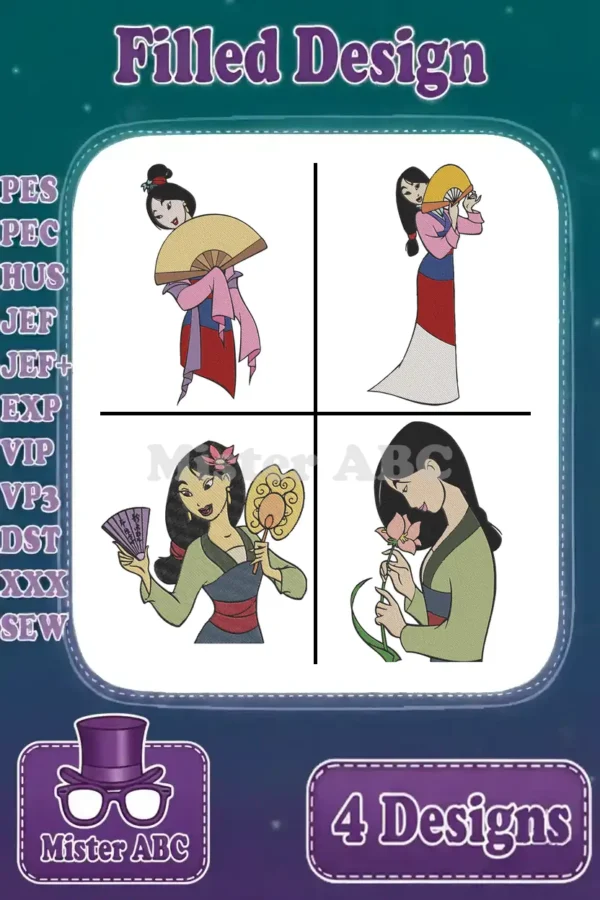 A vibrant display of four Mulan filled embroidery designs, showcasing unique poses and detailed stitching for crafters.