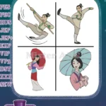 Mulan Ping Training Kicks Geisha With Parasol And Umbrella Character - Filled Embroidery Design - Instant Download
