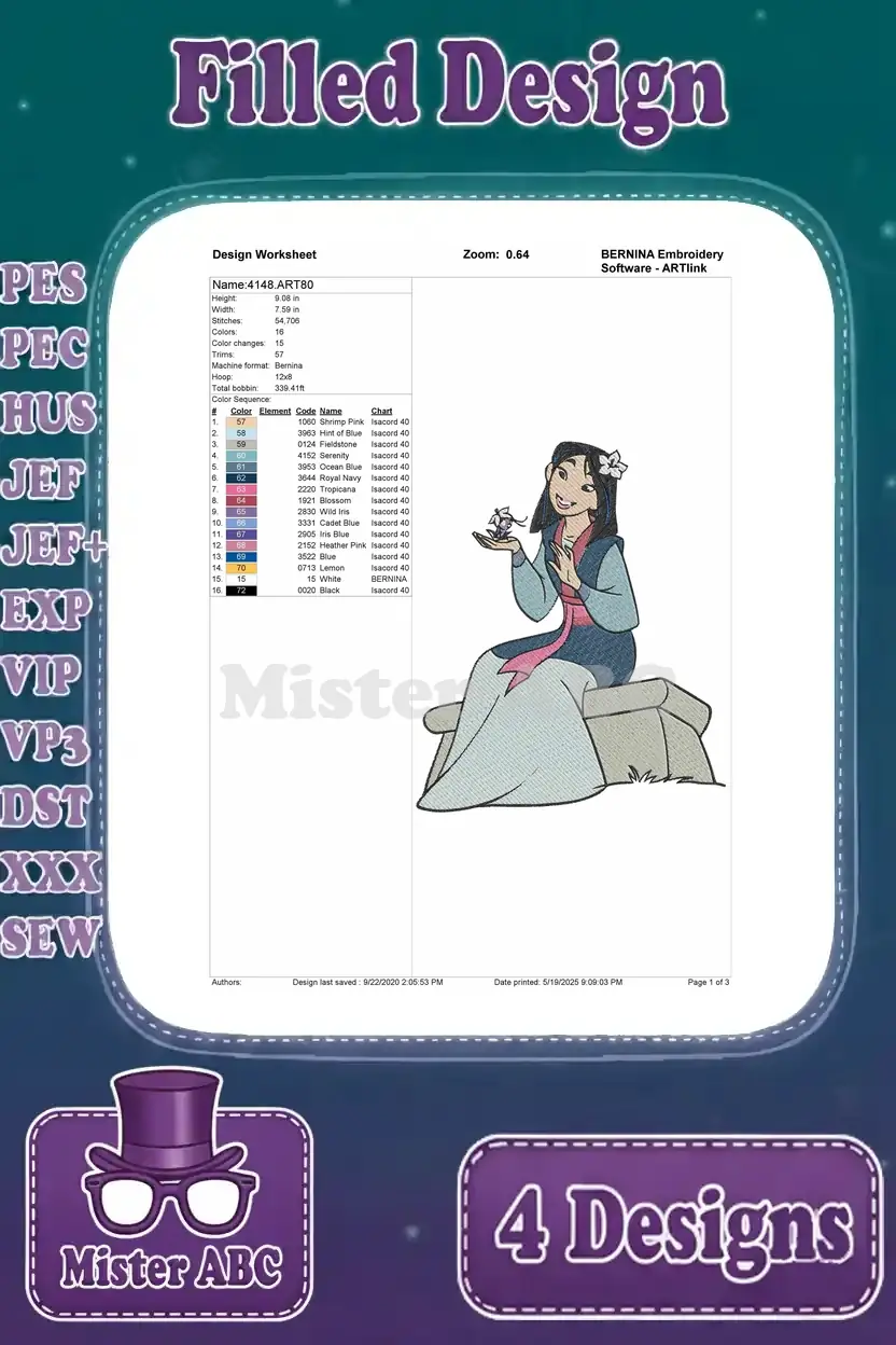 Mulan sitting embroidery design worksheet detailing stitch count, color changes, and thread sequence for precise stitching.