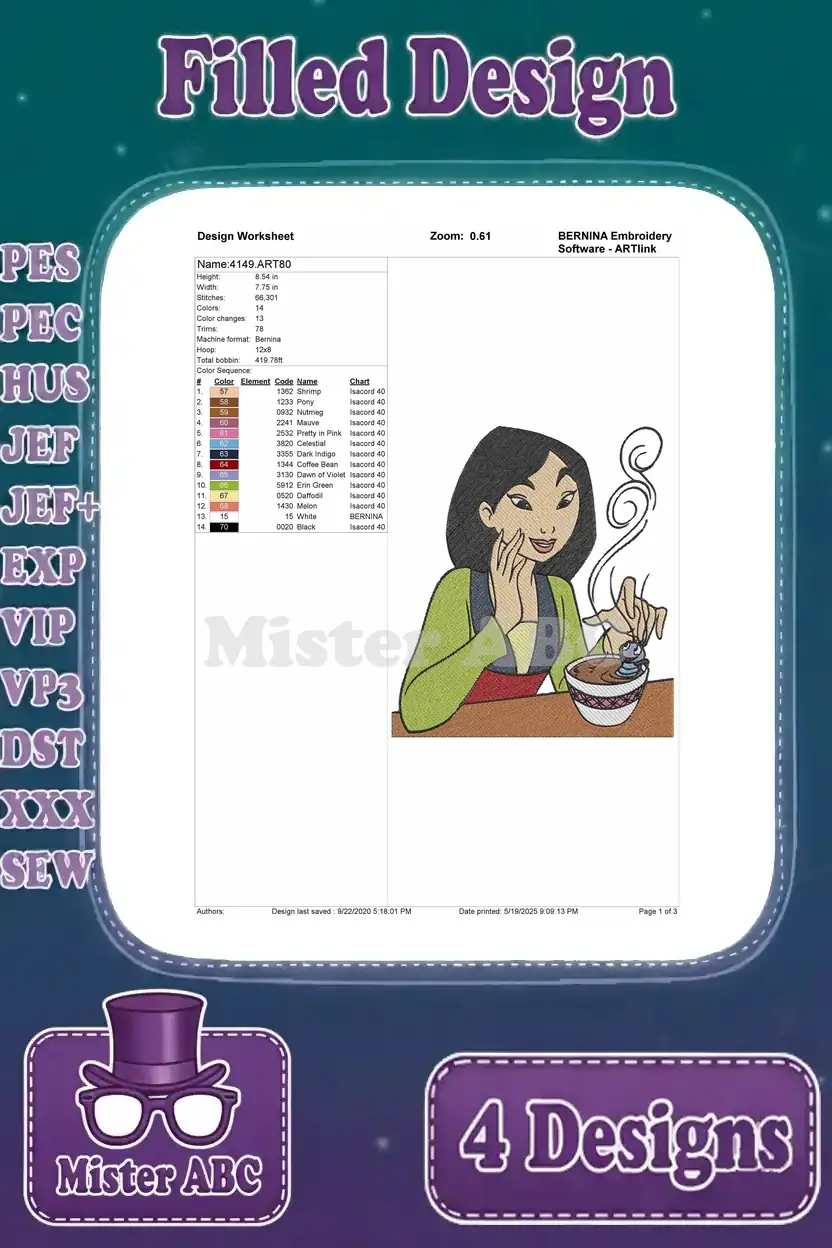 Mulan stirring a bowl embroidery design worksheet, outlining stitch details, color chart, and dimensions for crafting.