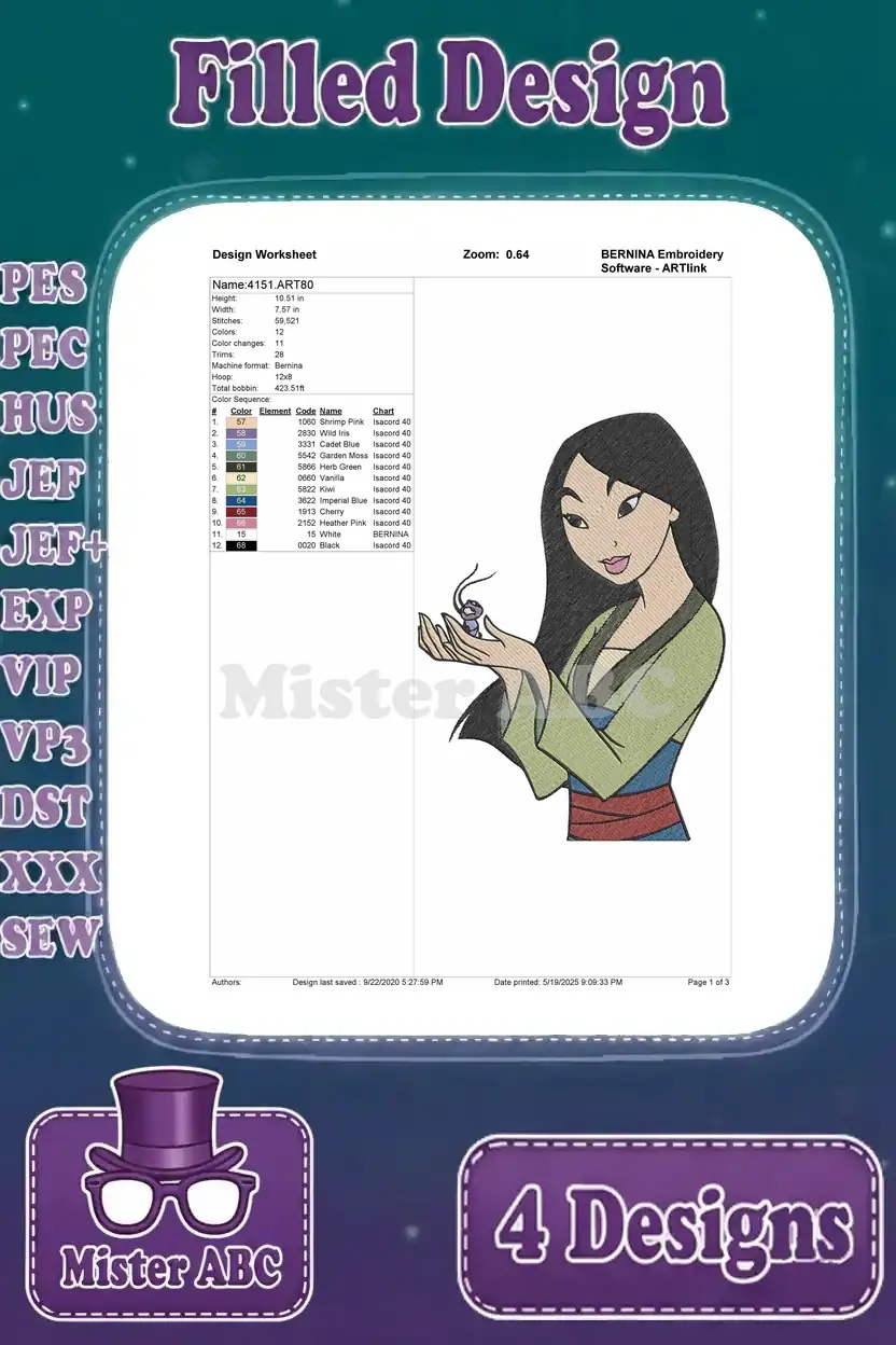 Mulan holding a small object embroidery design worksheet, detailing technical specifications for accurate stitching.