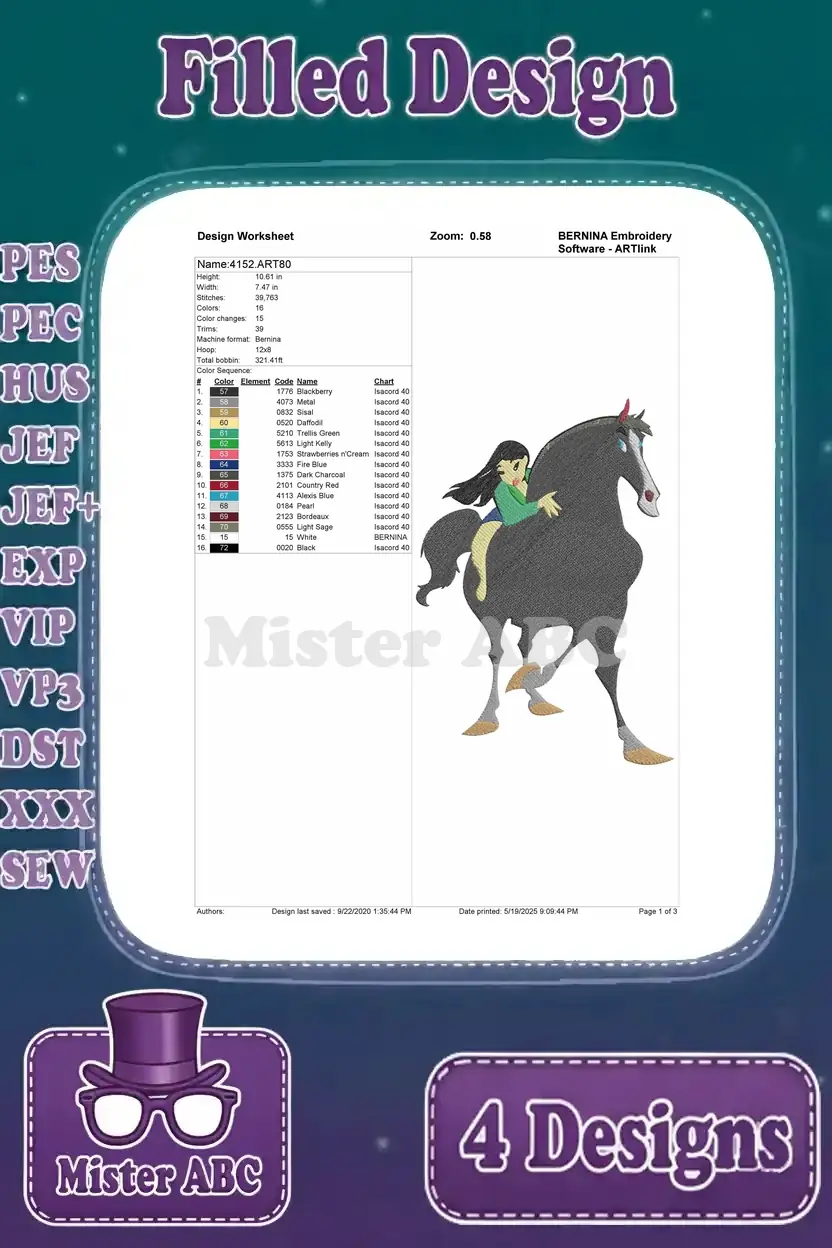 Design worksheet for a Mulan and Khan filled embroidery design, showing thread colors, stitch count, and dimensions.