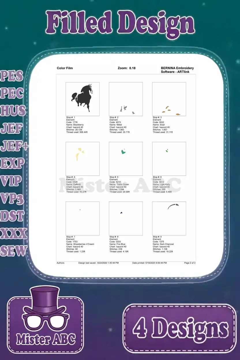 Color film page two for a Mulan and Khan embroidery design, illustrating the sequence of color application and stitch areas.