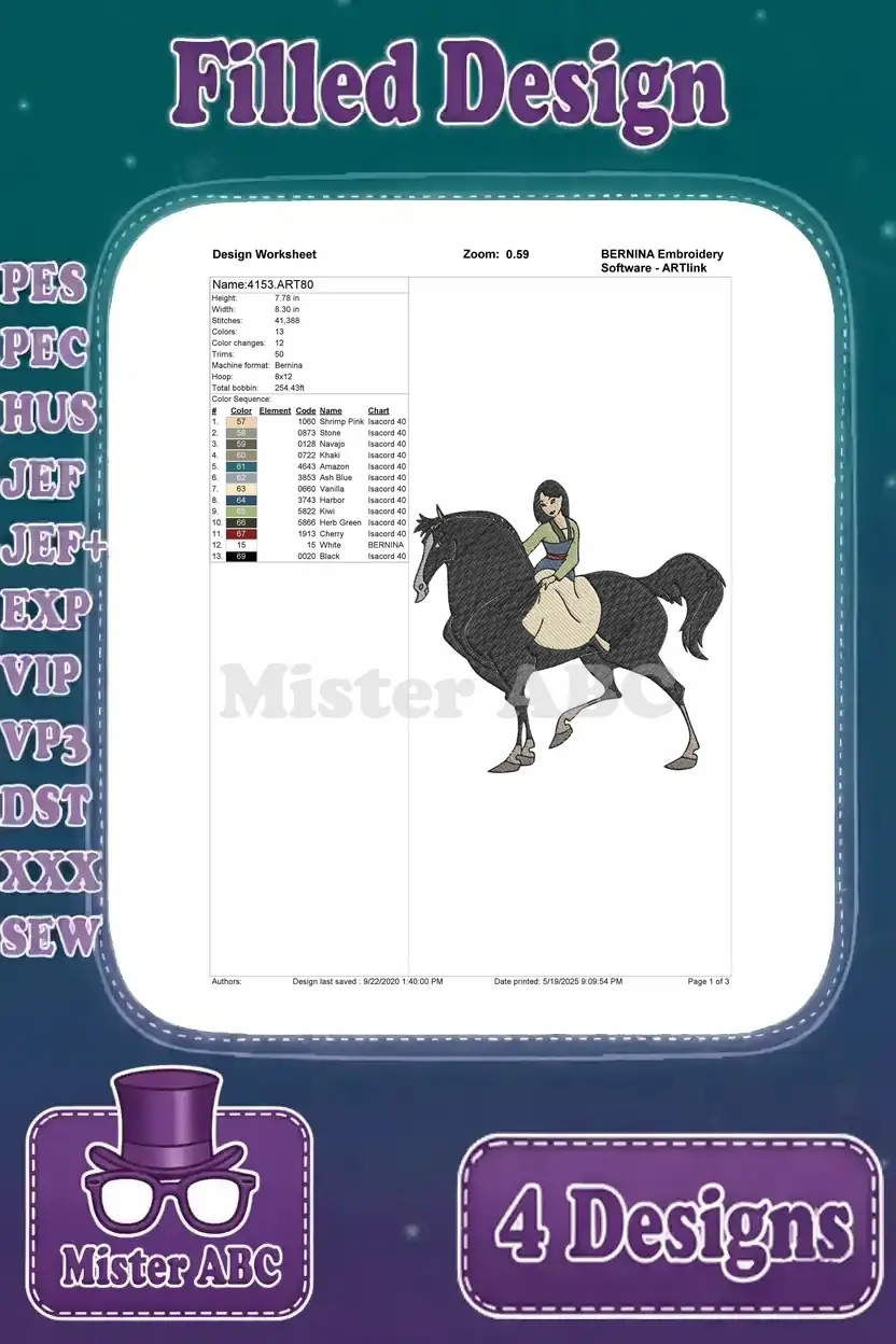 Design worksheet for a second Mulan and Khan filled embroidery design, detailing thread colors, stitch count, and size.