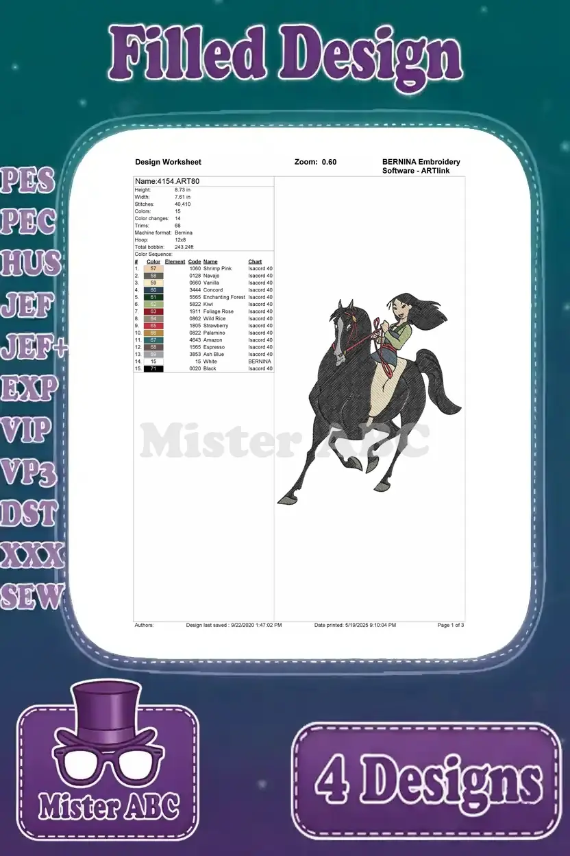 Design worksheet for the third Mulan and Khan filled embroidery design, detailing thread colors, stitch count, and size.