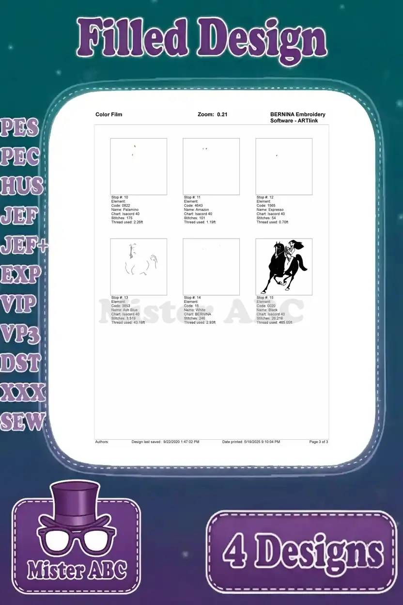 Color film page three for the third Mulan and Khan embroidery design, illustrating the final color applications.