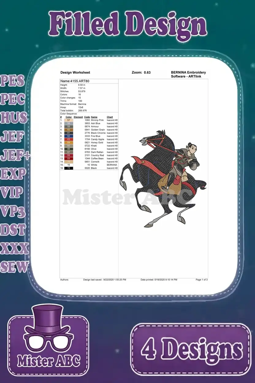 Design worksheet for the fourth Mulan (Ping) and Khan armored filled embroidery design, with thread details and size.