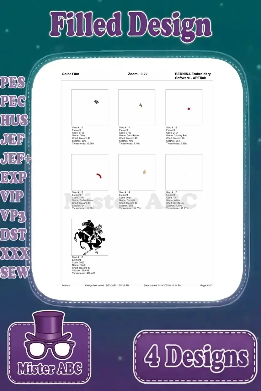 Color film page three for the Mulan (Ping) and armored Khan embroidery design, detailing final stitch steps.