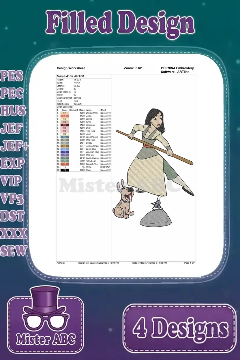 Design worksheet for Mulan with a staff embroidery, detailing stitch count, colors, and design specifics for the warrior pose.