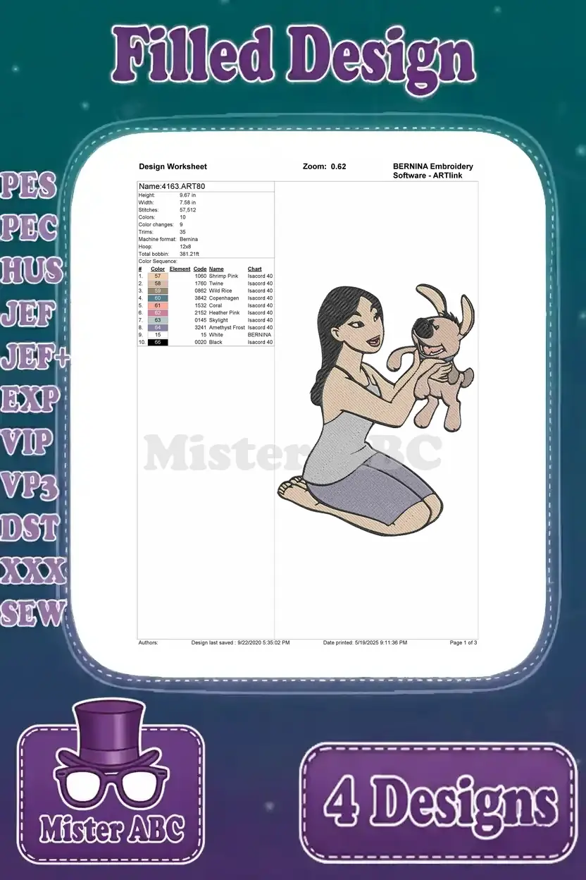 Design worksheet for Mulan kneeling with Cri-Kee embroidery, detailing stitch count, colors, and design specifics.