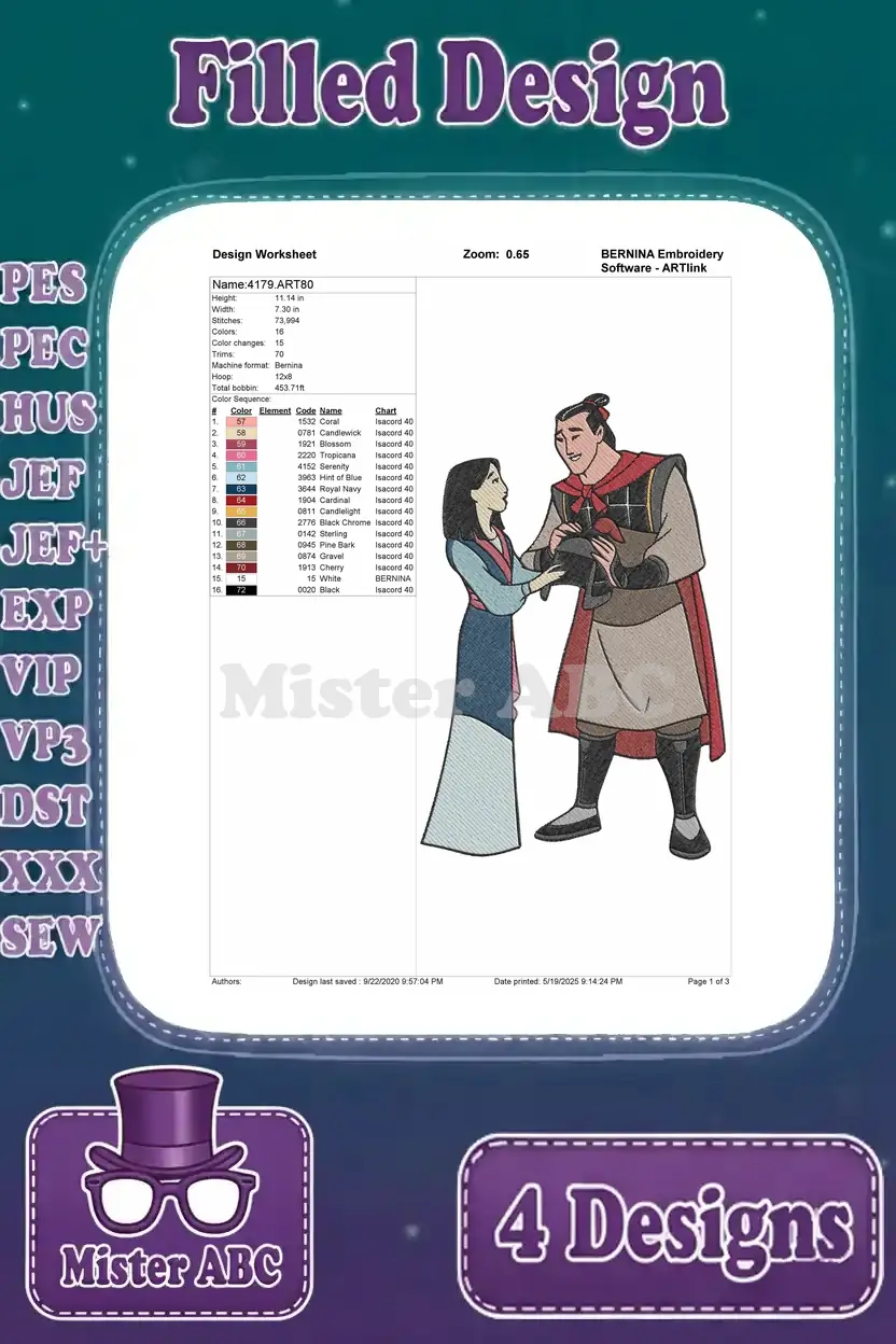 Design worksheet for Mulan in dress and Shang bowing, detailing stitch count, color changes, and thread sequence.