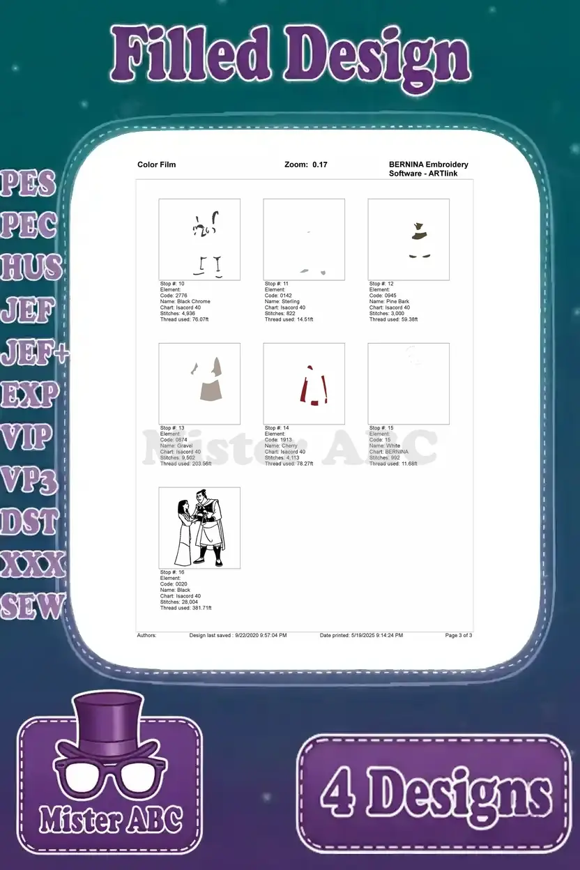 Color film page two for the Mulan in dress and Shang bowing embroidery design, showing subsequent thread stops.