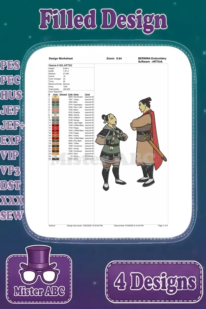 Design worksheet for Mulan as soldier and Shang standing, detailing stitch count, color changes, and thread sequence.