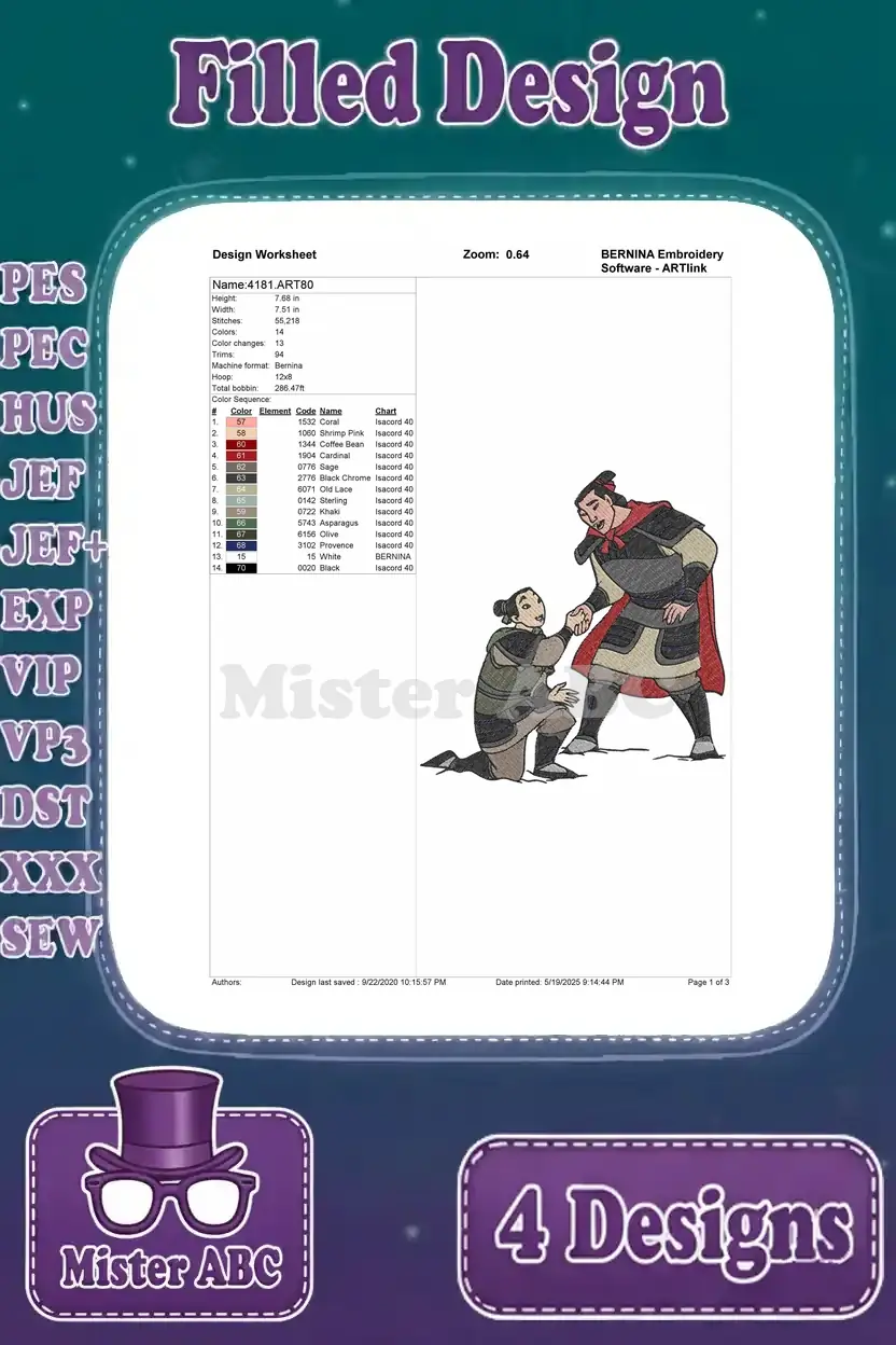 Design worksheet for Mulan kneeling and Shang helping, detailing stitch count, color changes, and thread sequence.