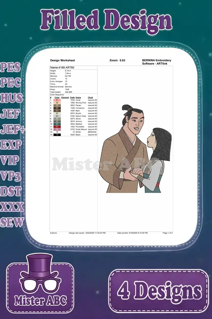 A design worksheet for a Mulan and Shang embroidery, showing them holding hands and gazing at each other lovingly.