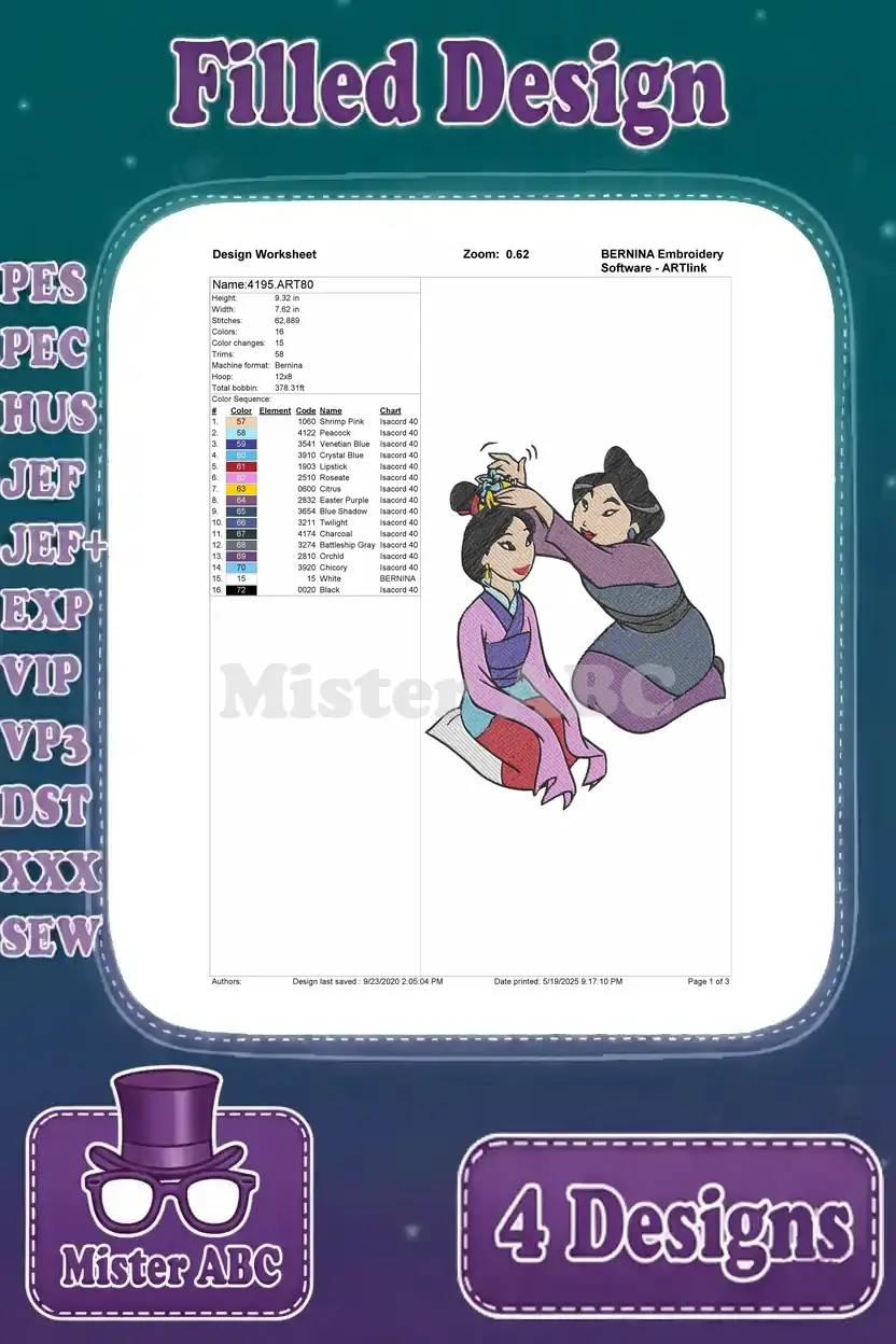A detailed design worksheet for the Mulan hair styling scene embroidery, showing thread colors, stitch count, and sequence.
