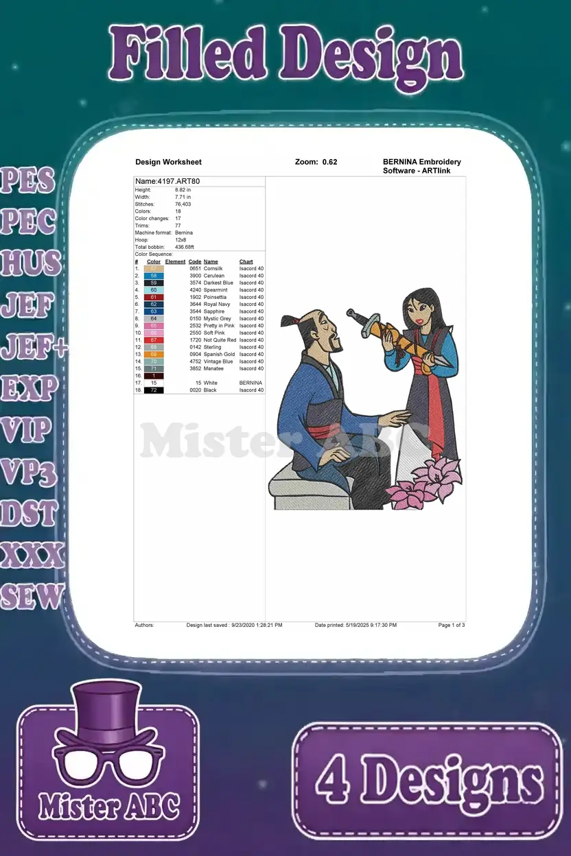 A detailed design worksheet for the Mulan with Father scene embroidery, showing thread colors, stitch count, and sequence.