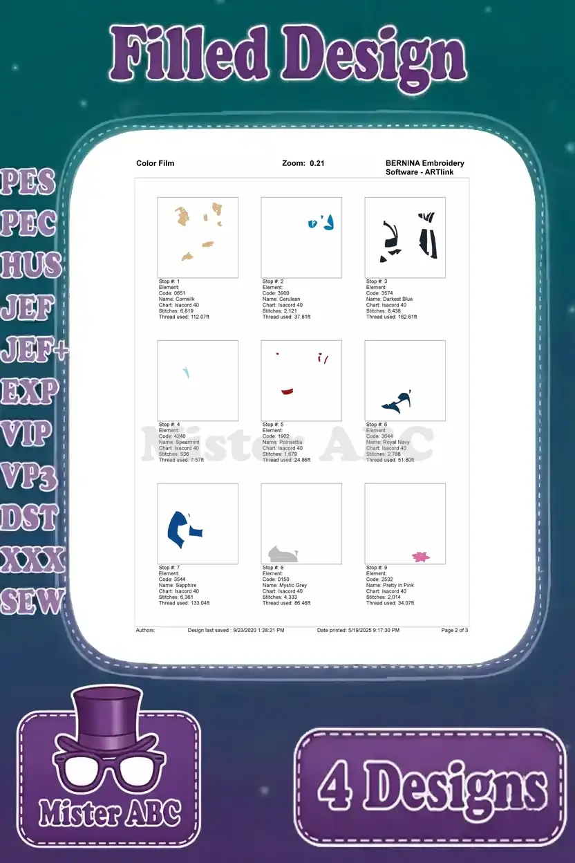 Page 1 of 2 of the color film for the Mulan with Father scene, showing initial stitch layers and thread stops.