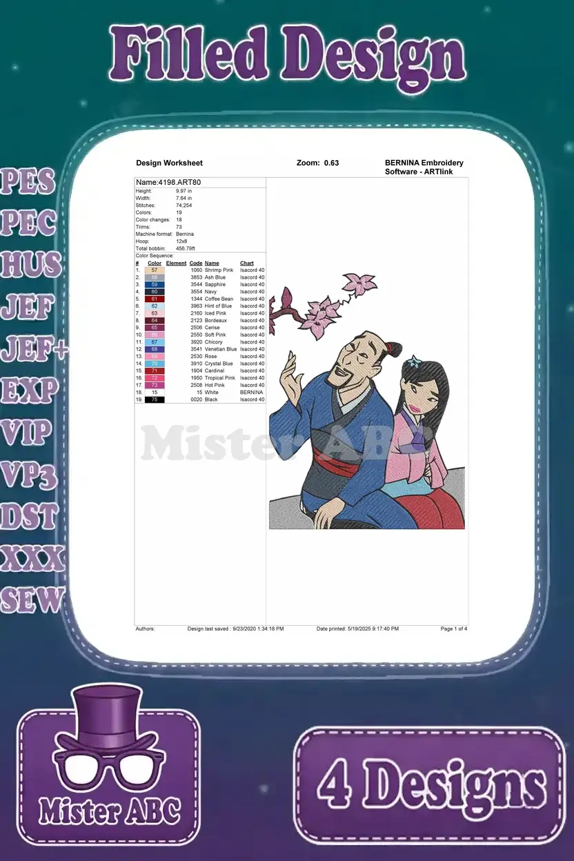 Detailed design worksheet for the first Mulan and Fa Zhou embroidery design, showing stitch count, color sequence, and thread chart.