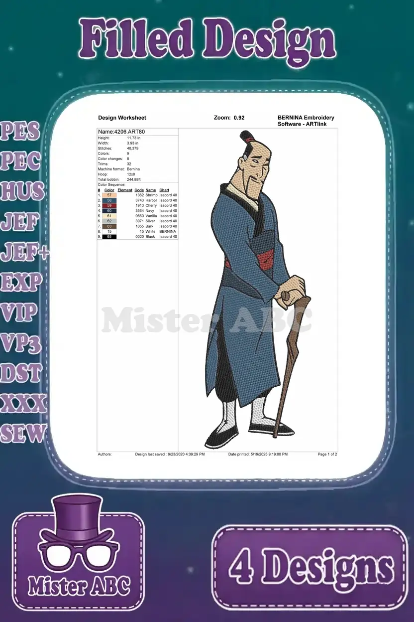 Detailed design worksheet for Fa Zhou standing embroidery, showing stitch count, color sequence, and hoop size for precise crafting.