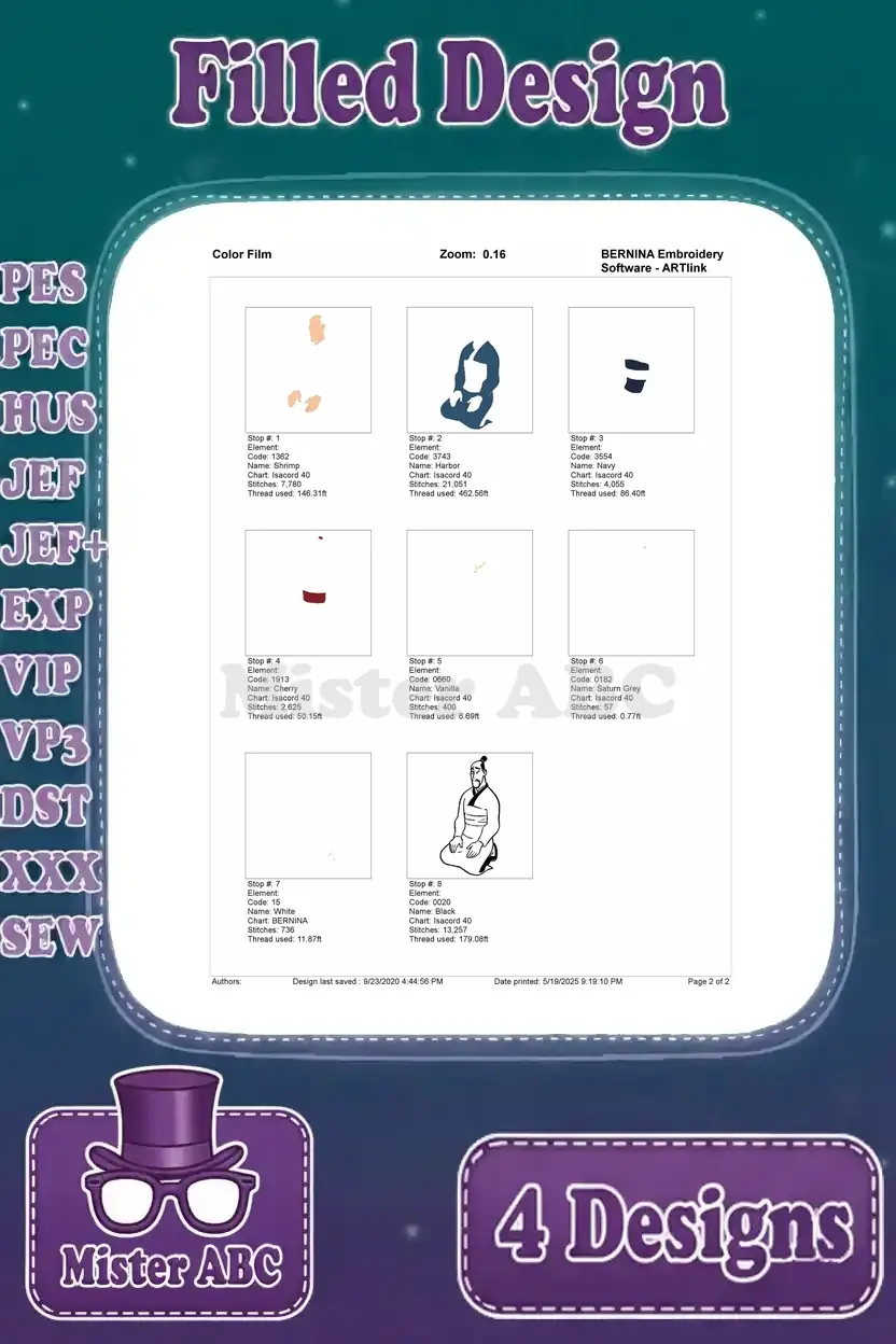 Color film breakdown for the Fa Zhou filled embroidery design, showing each color layer and stitch progression.