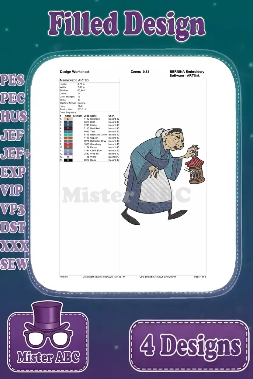 Design worksheet for Fa Li (Mulan's mother) holding a birdcage, showing stitch count and color information.