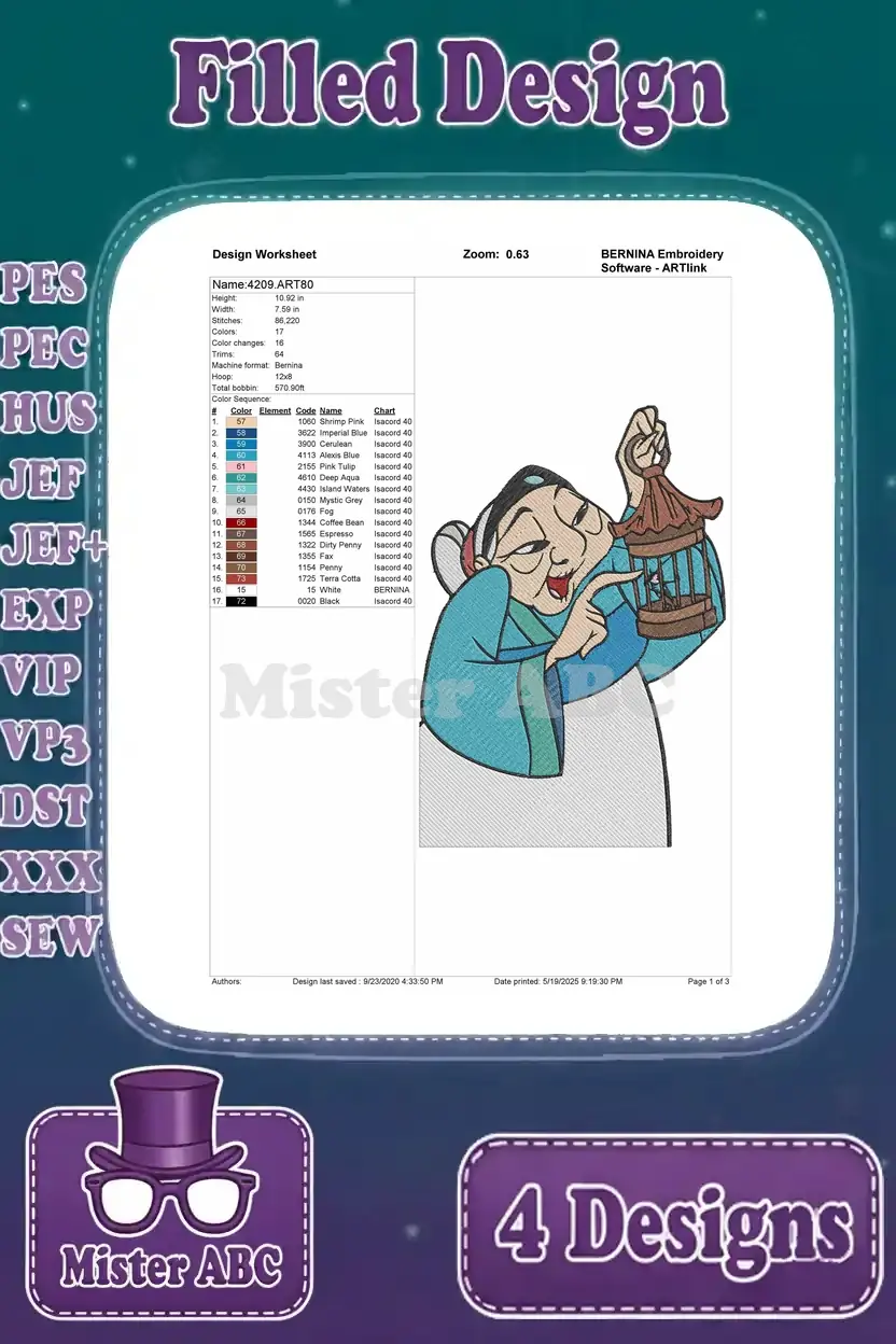 Comprehensive design worksheet for Grandmother Fa with birdcage (right view) embroidery, detailing stitches, colors, and hoop size.