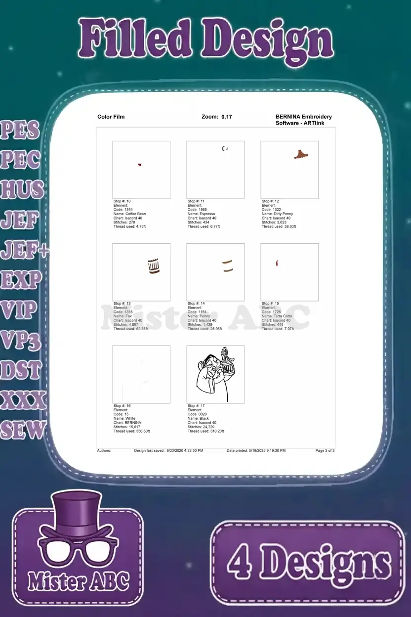 Second page of the color film breakdown for the Grandmother Fa filled embroidery design, completing the sequence.