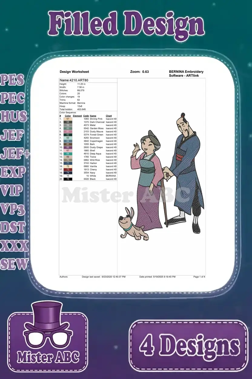 Design worksheet for Mulan and Li Shang with Little Brother, detailing stitch count, colors, and thread info.