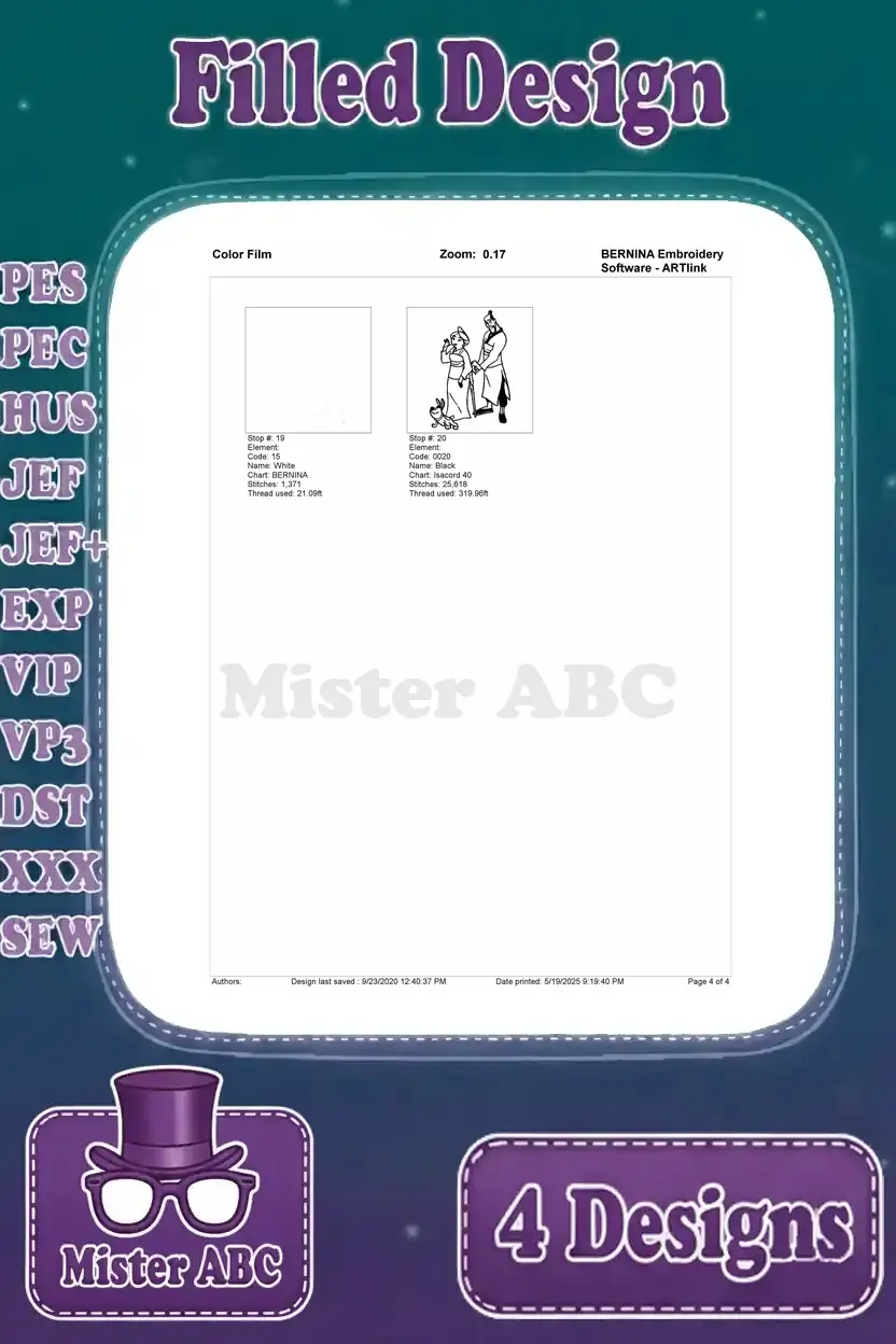 Third page of the color film breakdown for the Mulan and Li Shang filled embroidery design, completing the sequence.