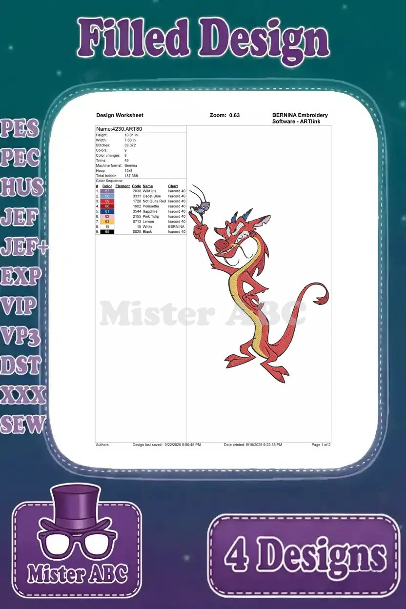 Design worksheet for the second Mushu embroidery design, detailing stitch count, color sequence, and hoop size.