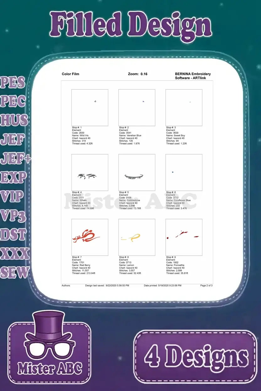 Color film showing the progressive stitch sequence for the third Mushu and Cri-Kee embroidery design, page two.