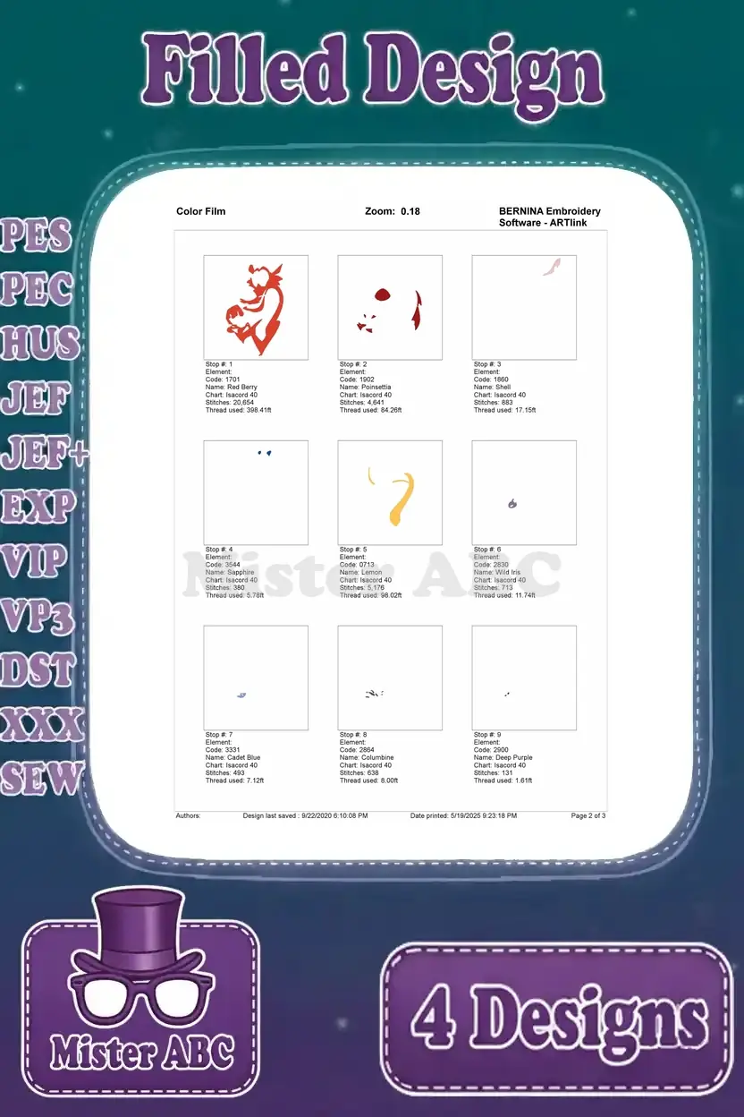 Color film showing the progressive stitch sequence for the fourth Mushu and Cri-Kee embroidery design, page two.