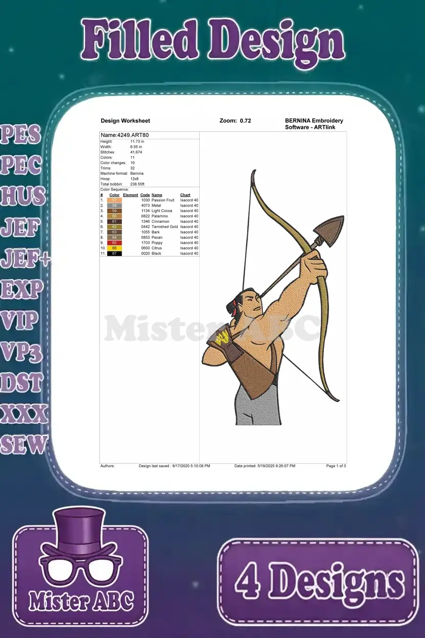 Detailed design worksheet for a Li Shang archery embroidery, showing stitch count, color palette, and thread chart.