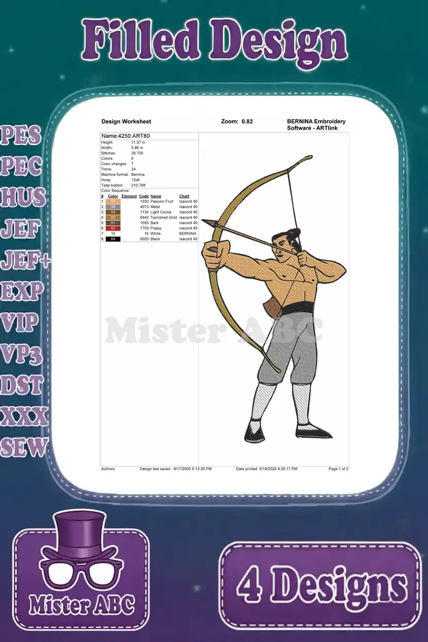 Detailed design worksheet for the second dynamic Li Shang archery embroidery, including stitch and color data.