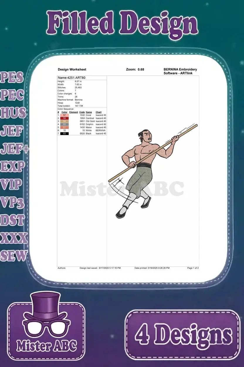 Design worksheet for the Li Shang staff-wielding pose embroidery, with stitch count and color information.