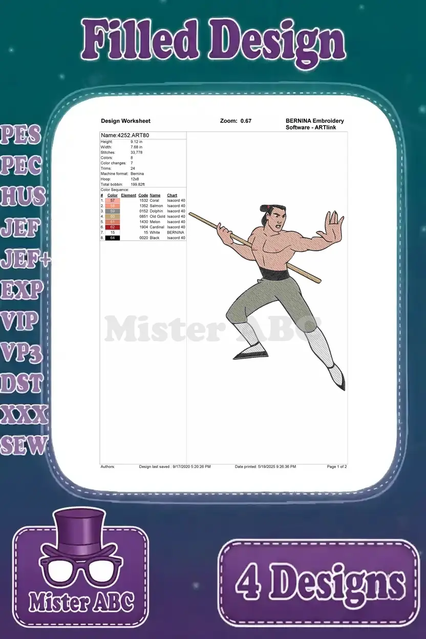 Design worksheet for the Li Shang martial arts pose embroidery, detailing stitch and color information.