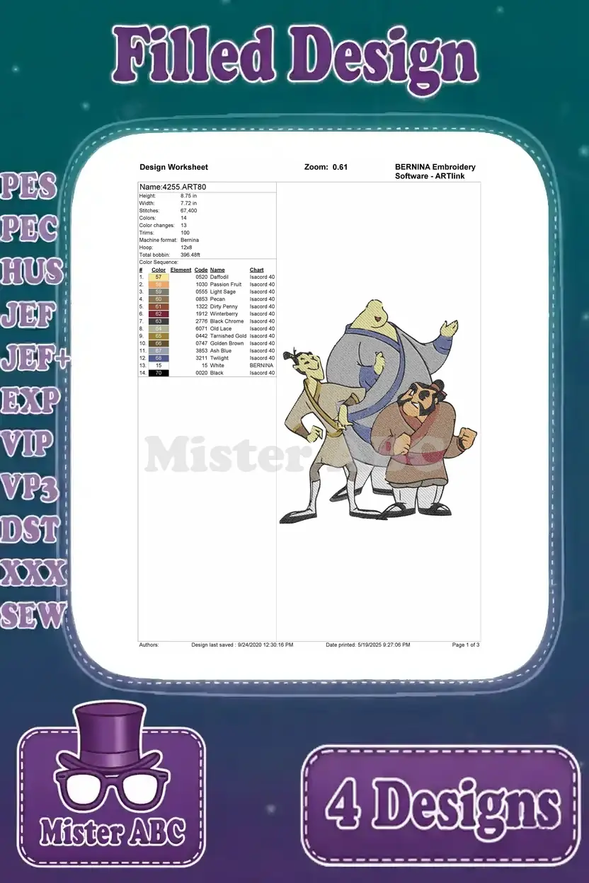 Design worksheet for the second Mulan character embroidery, featuring Yao, Ling, and Chien Po, with detailed specifications.