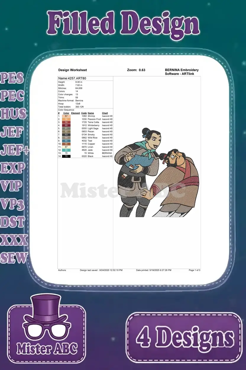 Design worksheet for the Mulan as Ping with villager and baby embroidery, showing stitch count and color changes.