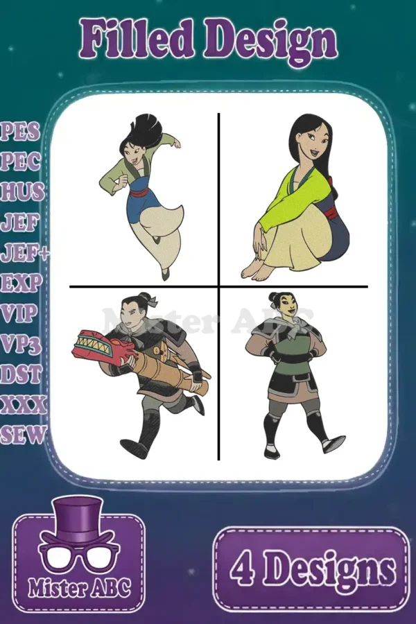 Main product image displaying four distinct Mulan character embroidery designs and supported file formats.