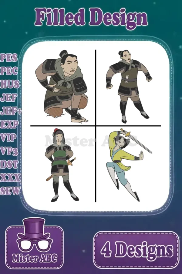 Four Mulan embroidery designs in filled stitch, showcasing dynamic poses with detailed color palettes and various formats.