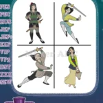 Mulan Warrior Outfit With Sword Ping Sword Fighting And Yellow Dress Poses - Filled Embroidery Design - Instant Download