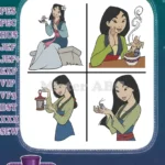 Mulan Sitting Peacefully With Tea Food Bowl And Holding Lantern Scenes - Filled Embroidery Design - Instant Download